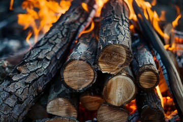A pile of unburnt wooden logs stacked near the bonfire, awaiting consumption by the fire