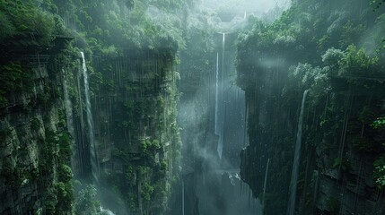 A majestic canyon carved by millennia of natural forces, with towering cliffs adorned with verdant...