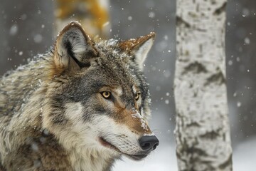 Grey wolf in the winter forest,  Canis lupus sign