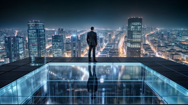 Rear view of businessman standing on rooftop and looking at night city