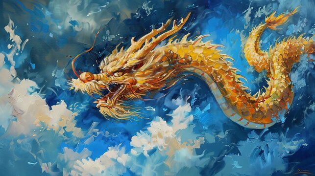 Oil painting, Chinese golden dragon fly in sky, Blue blackground, full body 