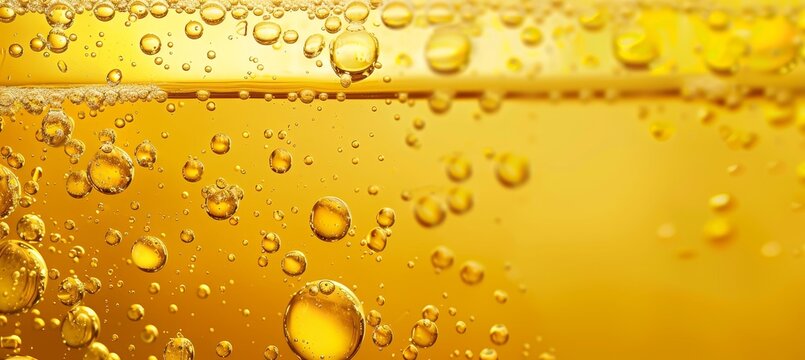 Shimmering golden liquid background with oil bubbles and elegant golden droplets