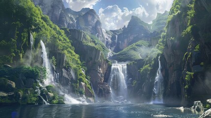 A majestic canyon carved by millennia of natural forces, with towering cliffs adorned with verdant foliage and cascading waterfalls, - obrazy, fototapety, plakaty
