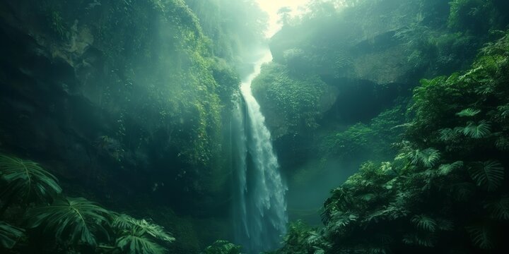 A serene and enchanting image of a grand waterfall surrounded by dense, emerald green foliage, evoking calm and solitude