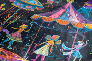 Charming Chalk painting Illustration art of a Circus Carnival by child on a black wall