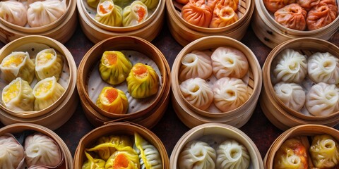 Top view of assorted steamed dumplings in bamboo steamers, showcasing a variety of fillings and dough types - obrazy, fototapety, plakaty