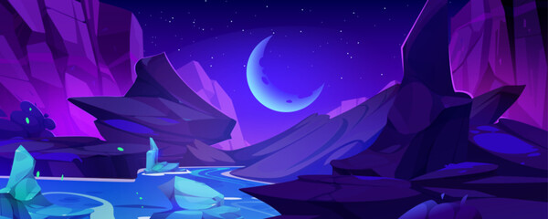 Night cliff landscape in west mountain valley cartoon background. Wild canyon scene with river, iceberg in water and crescent in sky panorama environment. Dark game location with stream illustration - obrazy, fototapety, plakaty