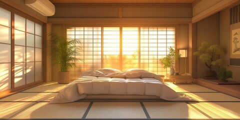 A serene Japanese-style bedroom with traditional tatami floors and futon, bathed in the warm glow of a setting sun