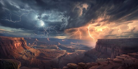 A powerful thunderstorm looms over the grandeur of the Grand Canyon, with lightning illuminating the vast landscape