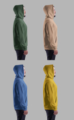 Mockup of an oversized hoodie with a pocket, on a man in a hood with ties, bright colored clothing, side view, for design, branding.
