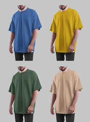 Mockup of blue, green, yellow, beige, tan t-shirt on bearded man, front view, isolated on background. Set