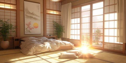 Warm sunlight pouring into a traditional Japanese room with tatami mat and sliding doors