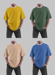 Blue, green, yellow, beige, tan oversized t-shirt template on man with hands in pockets, front view. Set