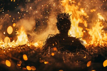 Burning effigy against blurred flames, holidays, tradition, religion