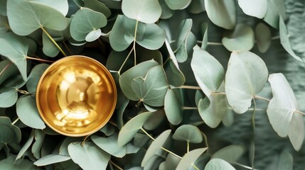 Sets up a scene with the gold element surrounded by a wreath of soft green leaves, the gentle hues enhancing the calm and soothing presence of gold