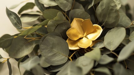 Sets up a scene with the gold element surrounded by a wreath of soft green leaves, the gentle hues enhancing the calm and soothing presence of gold