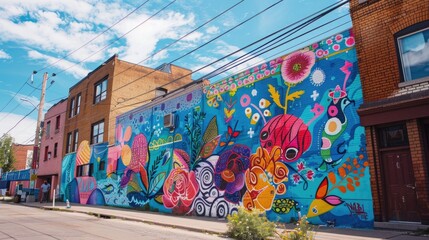 Brightly painted murals adorn the walls of a bustling neighborhood, injecting life and color into the urban landscape.
