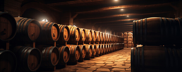 Wooden barrels stored in wine cellar, Concept of viticulture production, generated by ai
