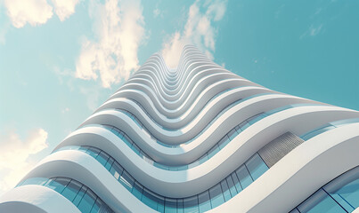 Modern tall building with futuristic design, low angle view and sky, generated by ai  Keywords...