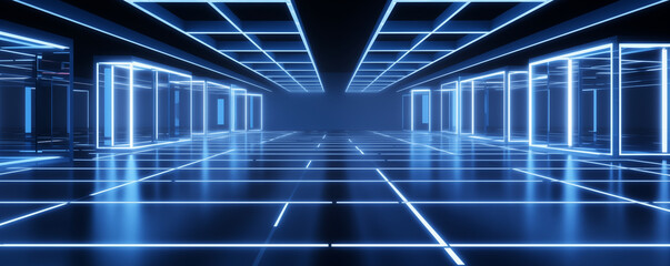 Empty hall with colorful led lights, modern interior, garage, futuristic storage design, generated by ai
