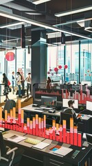 Sets up a marketing dashboard in a bustling office, where bar charts in dynamic bold reds reflect social media growth, visually stimulating and easy to interpret