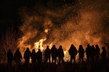 Silhouetted figures gathered around the burning flame at night