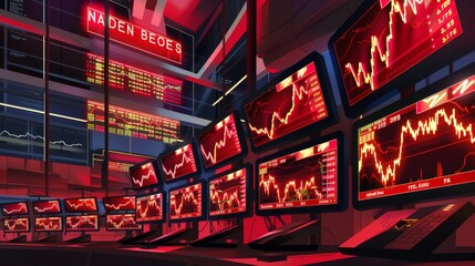 Sets up a highenergy trading floor scene where multiple screens glow with chaotic stock charts in vibrant red, symbolizing urgency and market dynamics