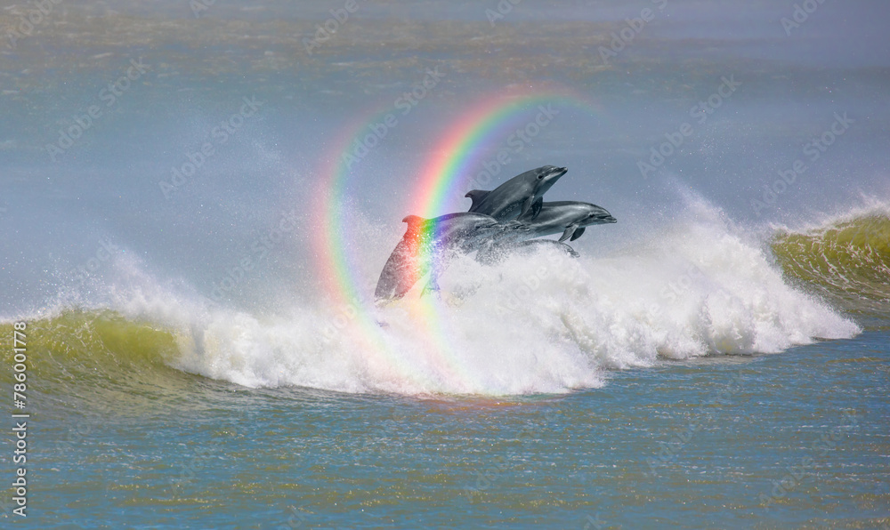 Poster group of dolphins jumping up from the sea amazing sunset in the background with rounde rainbow