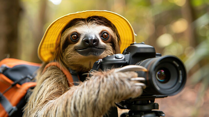Naklejka premium sloth with camera close-up. Selective focus