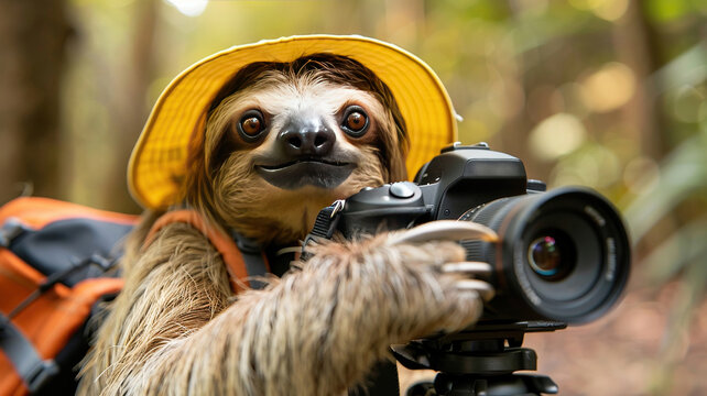 sloth with camera close-up. Selective focus