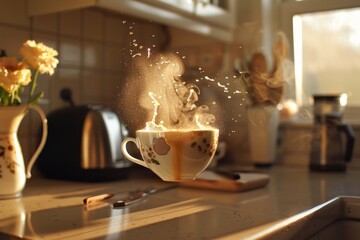 A levitating cup of coffee hovering above a kitchen counter, with swirling steam and splash drops frozen in mid-air