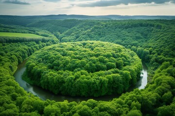 Aerial view of a green forest with a river in the middle