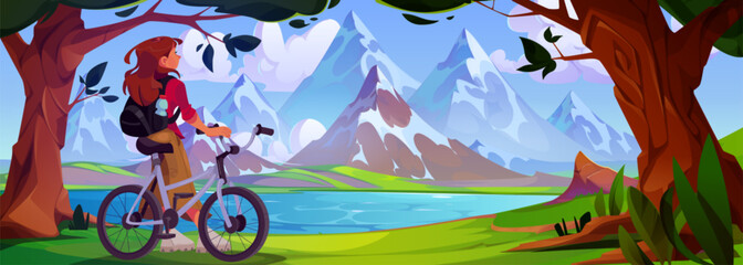 Obraz premium Forest and mountain nature in summer scenery for bike ride vector background. Woman cyclist do outdoor sport in beautiful valley environment. Outdoor Alps park tourism near river for person panorama