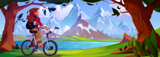 Deurstickers Forest and mountain nature in summer scenery for bike ride vector background. Woman cyclist do outdoor sport in beautiful valley environment. Outdoor Alps park tourism near river for person panorama © klyaksun