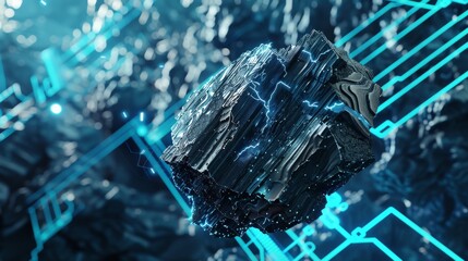 Sets the carbon chunk against a backdrop of electric blue digital graphics, symbolizing the convergence of natural elements and digital technology