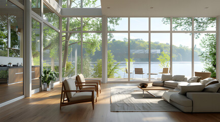 3d rendering of interior living space with wood floors and grey wood ai generative