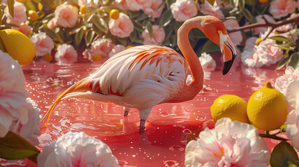 A flamingo stands in a pink pond