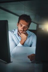 Businessman, thinking and night with documents at office for finance, accounting or project. Man, employee or accountant working late with notes, paperwork or financial business plan at workplace - obrazy, fototapety, plakaty