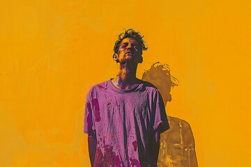 Portrait of a young man with dirty face on yellow wall background - obrazy, fototapety, plakaty