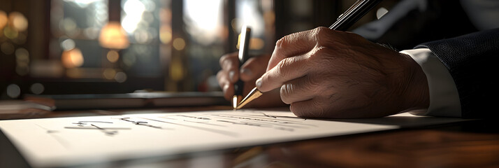 The man in a suit and tie is making a signing gesture with a pen on paper, A businessman signs a crucial employment contract with a pen on wooden table and office indoor background   