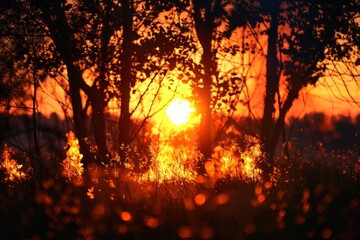 Burning forest, trees against the backdrop of a sunset, disaster