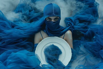 Beautiful woman in a blue dress with a hat and a veil