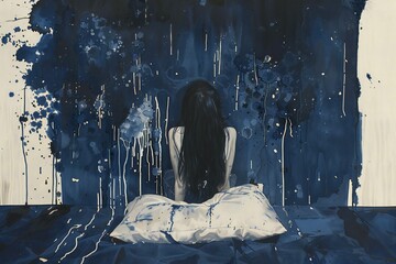 Young woman sitting on the bed in the bedroom,  Blue and black painting