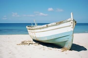 Abandoned fishing boat on a sandy beach with clear blue sky