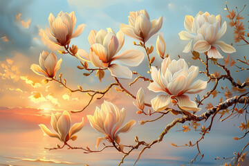 beautiful magnolia flowers against the background of the sunrise painted with oil paints, idea for wall decor