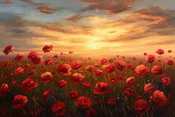 Fototapeta na wymiar Oil painting of red poppies against a sunset background, wall painting, interior decor