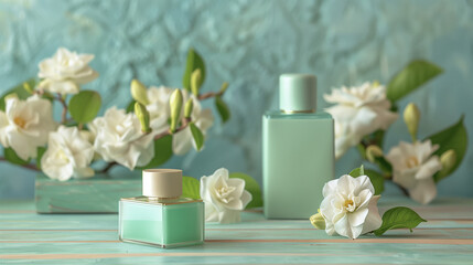 Obraz na płótnie Canvas Two emerald perfume bottles and white flowers