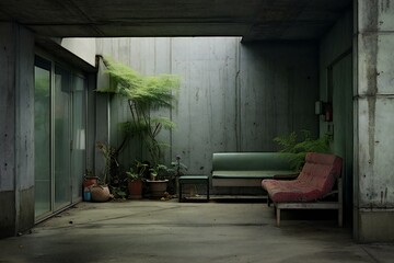 Interior of an abandoned building with green plants and a green sofa