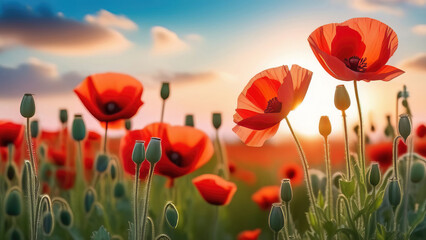 Fototapeta premium Red poppies flowers in the field at sunset. Beautiful spring landscape