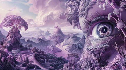 Sets an eye within a dreamlike landscape painted in soft violets and dusky purples, creating a surreal and mysterious tableau that draws the viewer in - obrazy, fototapety, plakaty